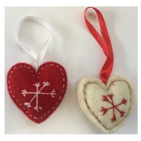 Fair Trade Felt Red & White Heart Christmas Decorations - Set of 2