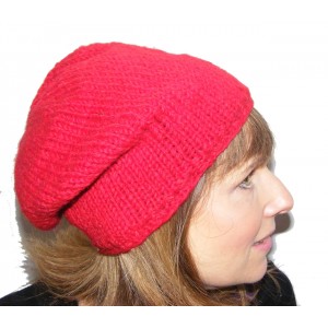 Cool Handknitted Woollen Red Slouch Beanie Hat with fleece lining ideal for skaters and snowboarders