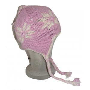 Hand Knit Wool Children's Pink Flower Earflap Hat