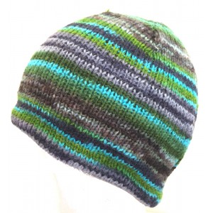 Blue Green Stripey Hand Knit Wool Beanie Hat - Fair Trade - Toasty Warm