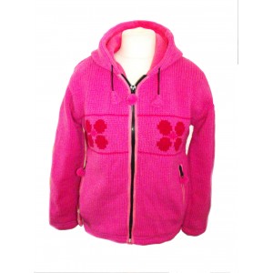 Fleece Lined Dark Pink Daisy Handknitted Woollen Jacket - Fair Trade