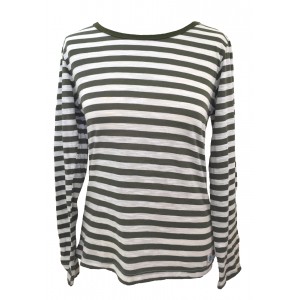 Fair Trade 100% Cotton Classic Stripey Green / White Ladies Long Sleeve Fitted T Shirt