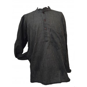 Black / Grey Striped 100% Cotton Collarless Grandad Shirt - Fairtrade