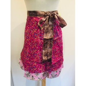 Fair Trade Short Sari Silk  Reversible Tiered Wrap Skirt - Hot Pink / Pale Pink Design