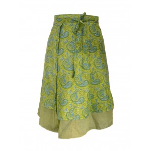 Fair Trade Double Layered Midi Length Swish Wrap Skirt - Lime with Pale Green Underskirt