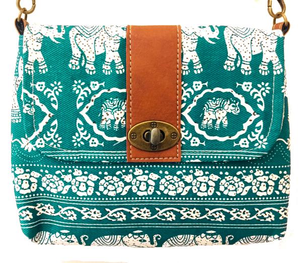 Vegan / Cruelty  Free Mini Hand Bag with detachable adjustable strap - White Elephants on Turquoise  Design - Fair Trade